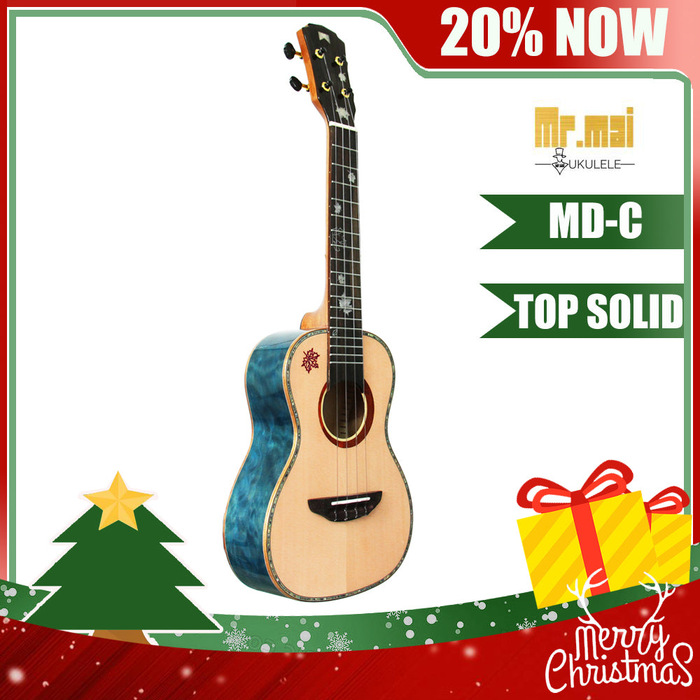 MrMai MD-C Concert Blue Ukulele Solid Spruce Gloss Finish With Hard Case